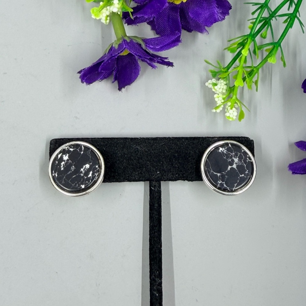 Black Marbled Stone Round Clip On Earrings HMN (Napier) Signed